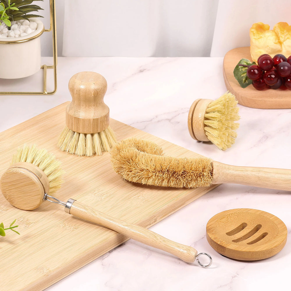 Cepillo de bambú para cocina | Set ecológico con mango largo y cabezal reemplazable