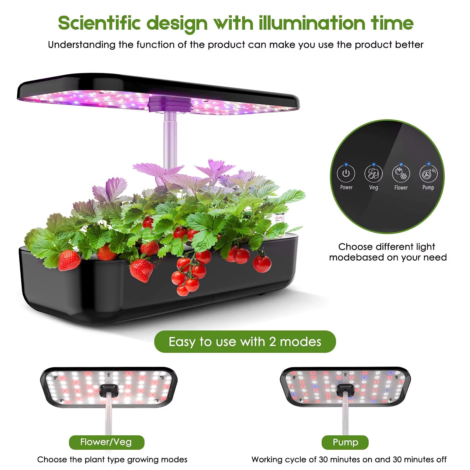 Sistema hidropónico inteligente de interior con luz LED y temporizador automático