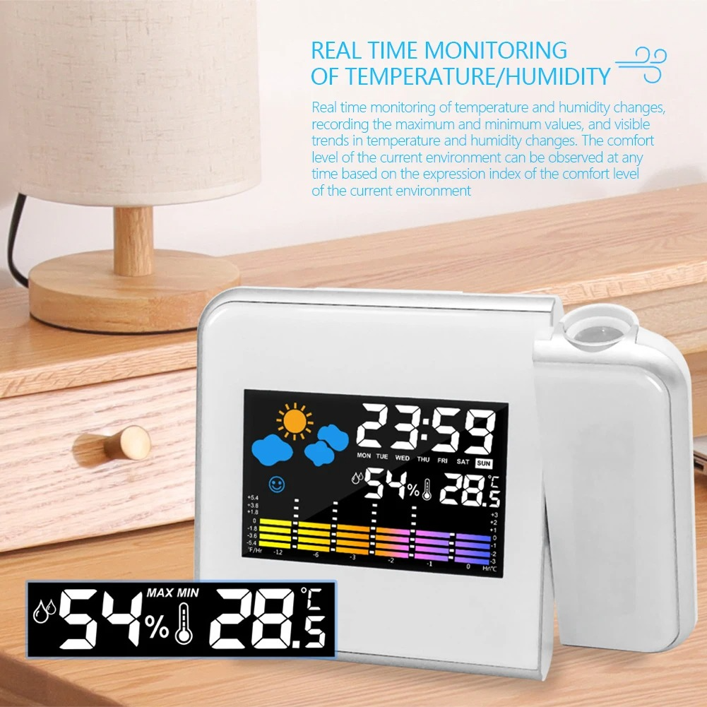 Reloj despertador digital con proyección y clima interior