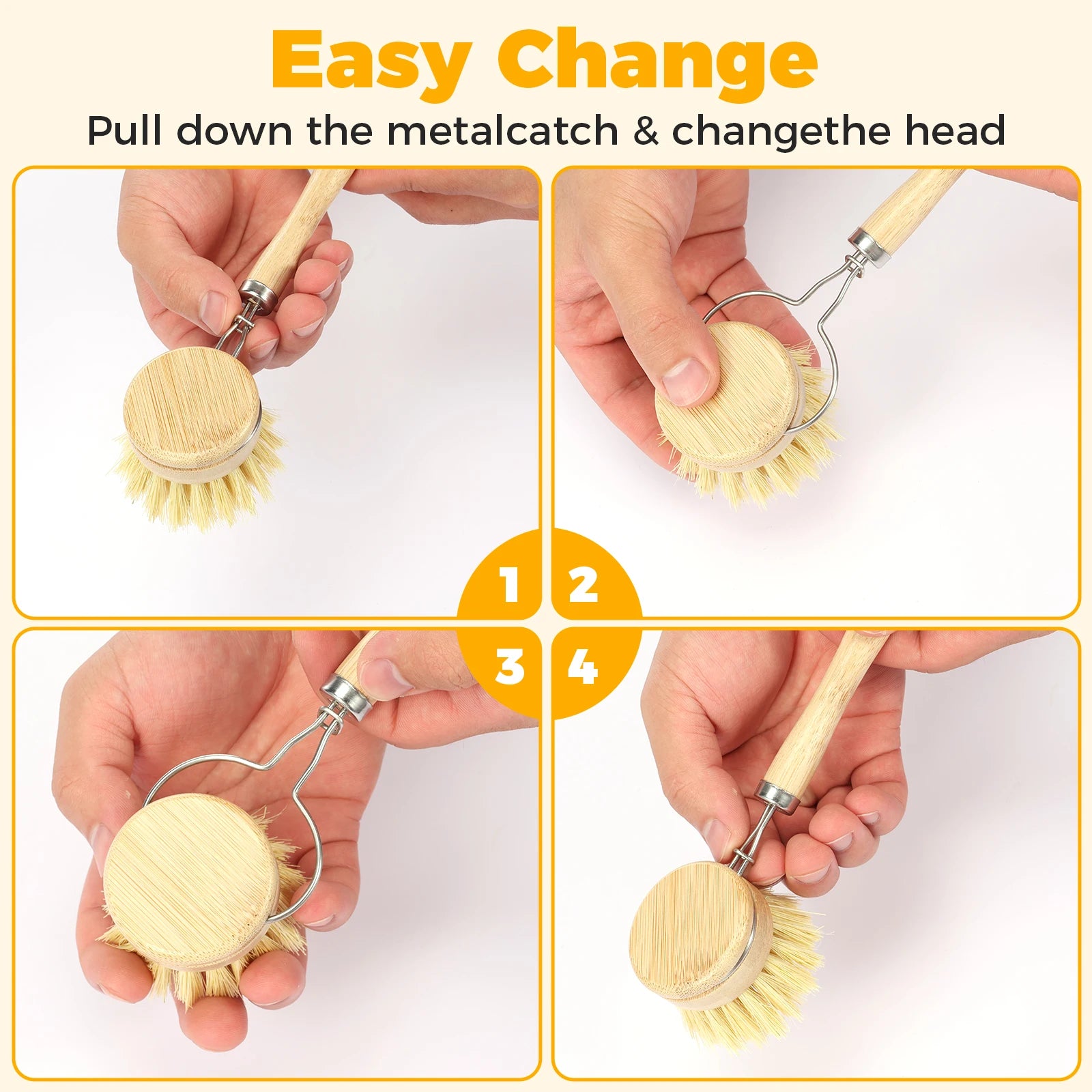 Cepillo de bambú para cocina | Set ecológico con mango largo y cabezal reemplazable